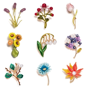 Elegant Flower Plant Brooch Pin Vintage Alloy Enamel Inlay With Imitation Artificial Pearl Rhinestone Colorful Jewelry For Women