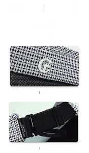 Detail of knitted sun hat featuring metal G logo and adjustable COOLKNIT elastic strap