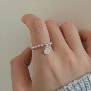 Minimalist 925 Sterling Silver Beaded Ring With Round Disc Pendant Korean Style Polished Fine Jewelry For Women