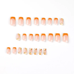 Orange French press-on nails with gold glitter marble waves and 24-piece nail set