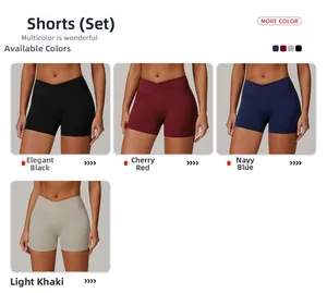 Détail de la taille croisée en V sur les shorts de yoga disponibles en quatre couleurs