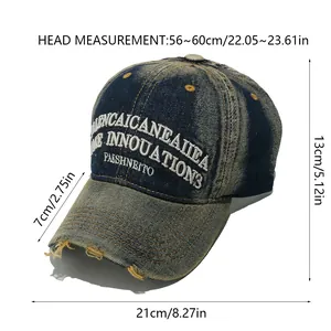 Tabella taglie per cappello da baseball in denim lavato con ricami e dettagli usurati