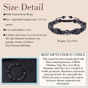 Detailed size chart for 8mm tiger eye and lava stone adjustable unisex beaded bracelet
