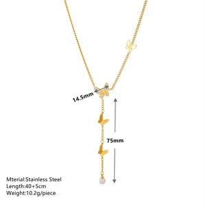 Double-layered stainless steel butterfly necklace with pearl tassel and golden finish