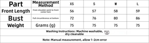 Detailed size chart for lace satin top with measurements in centimeters and care symbols