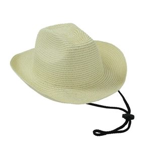 Detail of cream straw cowboy hat showing woven texture and adjustable black chin strap