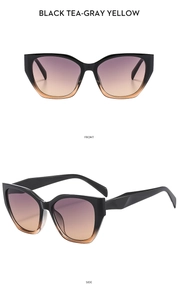 Front and side views of polygon cat-eye sunglasses with black frames and gradient lenses