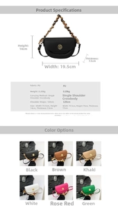 Detailed size specifications and material chart for semi-circular saddle cross-body bag