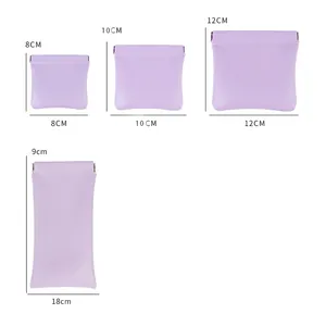 Size guide for purple leather storage pouches in four different height and width dimensions