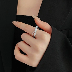 Fashion Copper Ring With Cross Design Zircon Pave And Imitation Artificial Pearls Adjustable Open Ring For Women