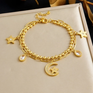Layered Bracelet Gold Plated Stainless Steel Star Moon Flower Cubic Zirconia Dainty Minimalist Jewelry For Women