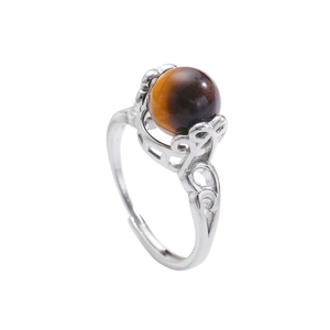 Vintage Silberring mit rundem Tigerauge-Stein und hohlem Filigranmuster-Design