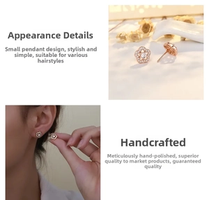 Detail showing handmade rose gold plum blossom earrings with micro-set zircons