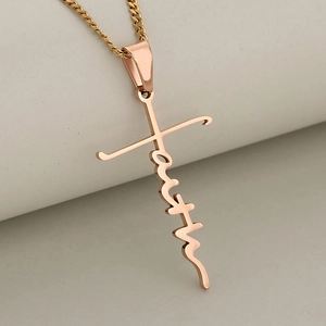 Minimalist faith cross pendant necklace in rose gold finish with sleek stainless steel chain