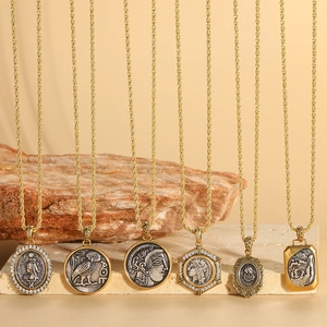 Vintage Coin Pendant Necklace Copper Zircon Greek Goddess Owl Retro Ethnic Clavicle Chain Jewelry For Women