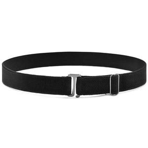 Close-up of adjustable elastic kids belt with silver metal T-buckle and slider