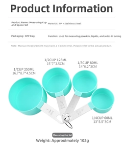 Detail of mint green measuring cups with stainless steel handles and engraved capacity markings