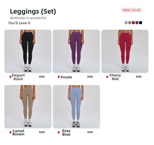 Détails des leggings de yoga taille haute en noir, violet, rouge, marron et bleu gris