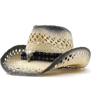 Chapeau De Cowboy En Paille Ajouré Dégradé Bord Large Bande Ethnique Tête De Taureau En Métal Protection Solaire Hommes Femmes