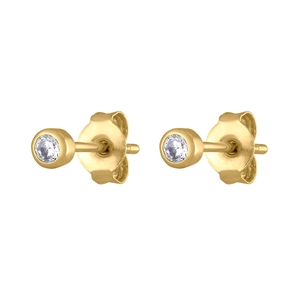 Minimalist geometric gold stud earrings with round cubic zirconia bezel setting