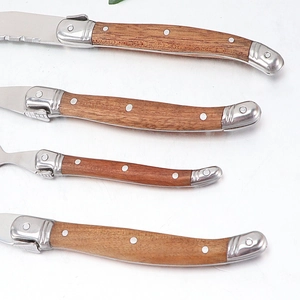 Close-up of Sapele wood handles with steel rivets on premium stainless steel cutlery set