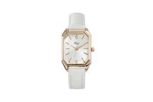 Detailed view of women's fashion watch with rose gold octagonal case and white leather strap