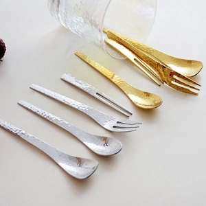 Japanese Hammered Texture Stainless Steel Dessert Spoons And Forks Mirror Polished Coffee Cake Fruit Elegant Tableware