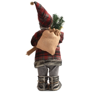Detail of Santa Claus figure showing festive plaid coat, burlap sack and mini pine tree back