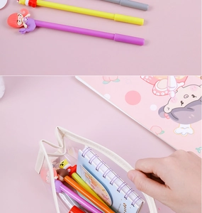 Detail of transparent PVC pencil case with white trim and aesthetic stationery contents