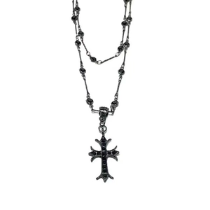 Double-layered black cross necklace with beaded chain and gothic pendant styling