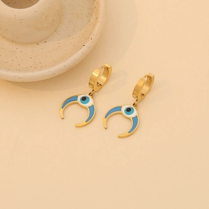 Golden moon crescent double-layer necklace with blue eye pendant for elegant women