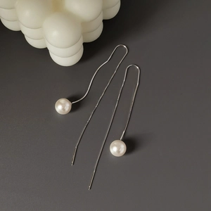 Dettaglio macro di eleganti orecchini a filo in argento S925 con perle da 8mm