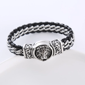 Punk lion head woven leather bracelet with silver metal chains for men in vintage style