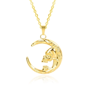 Polished 18k gold plated skull crescent moon pendant necklace on a studio white background