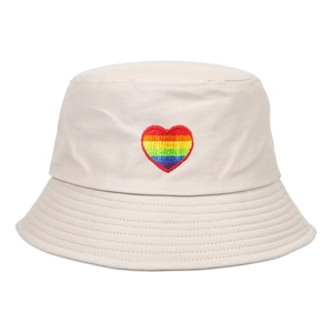 Stylish beige cotton bucket hat with a vibrant rainbow heart embroidery on a white background