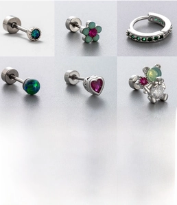 Detailed view of titanium steel floral and opal studs with 0.8mm post size measurements