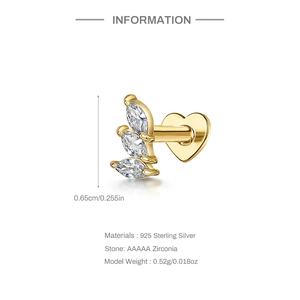 Detail view of 925 silver gold earring with leaf zirconia and product dimensions