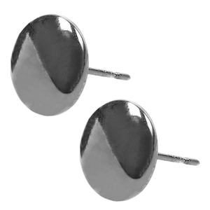 Detailed close-up of polished silver round stud earrings with minimalist metal texture
