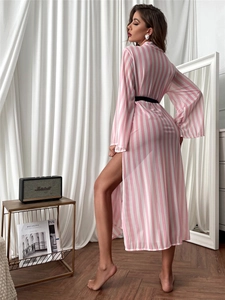 Pink and white striped long robe with high side slit and black waist belt detail