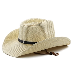 Unisex bohemian straw cowboy hat in beige with black leather band and adjustable chin cord