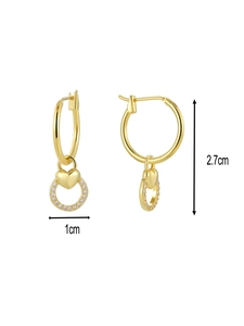 Detail view of heart-shaped gold drop earrings with zircon showing 2.7cm length