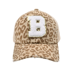 Distressed leopard print baseball cap with chenille letter B and gold glitter trim