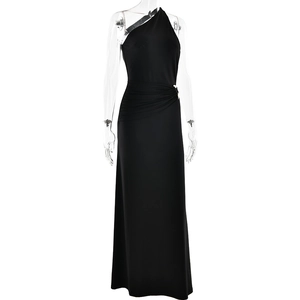Detail of waist ruching and buckle on a black one-shoulder evening gown for women