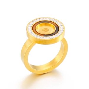Golden stainless steel men's ring with cubic zirconia inlay and tortoise shell resin ring
