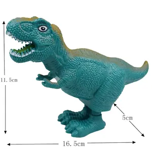 Wind-up green T-Rex dinosaur toy with skin texture and size dimensions shown on white