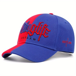 Two-tone blue and red baseball cap featuring Thug Life and Outlaw 3D embroidery