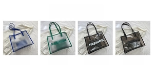 Detailed comparison of transparent PVC tote bags in blue, green, black and white options
