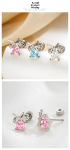 Detailed screw-back closure and square zircon bow earrings in pink, blue, and white colors