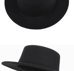 Detailed views of the black wool felt flat top fedora hat with wide brim from two angles