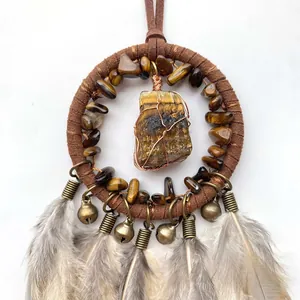 Tiger eye stone dream catcher car pendant with natural gray feathers and metal bells